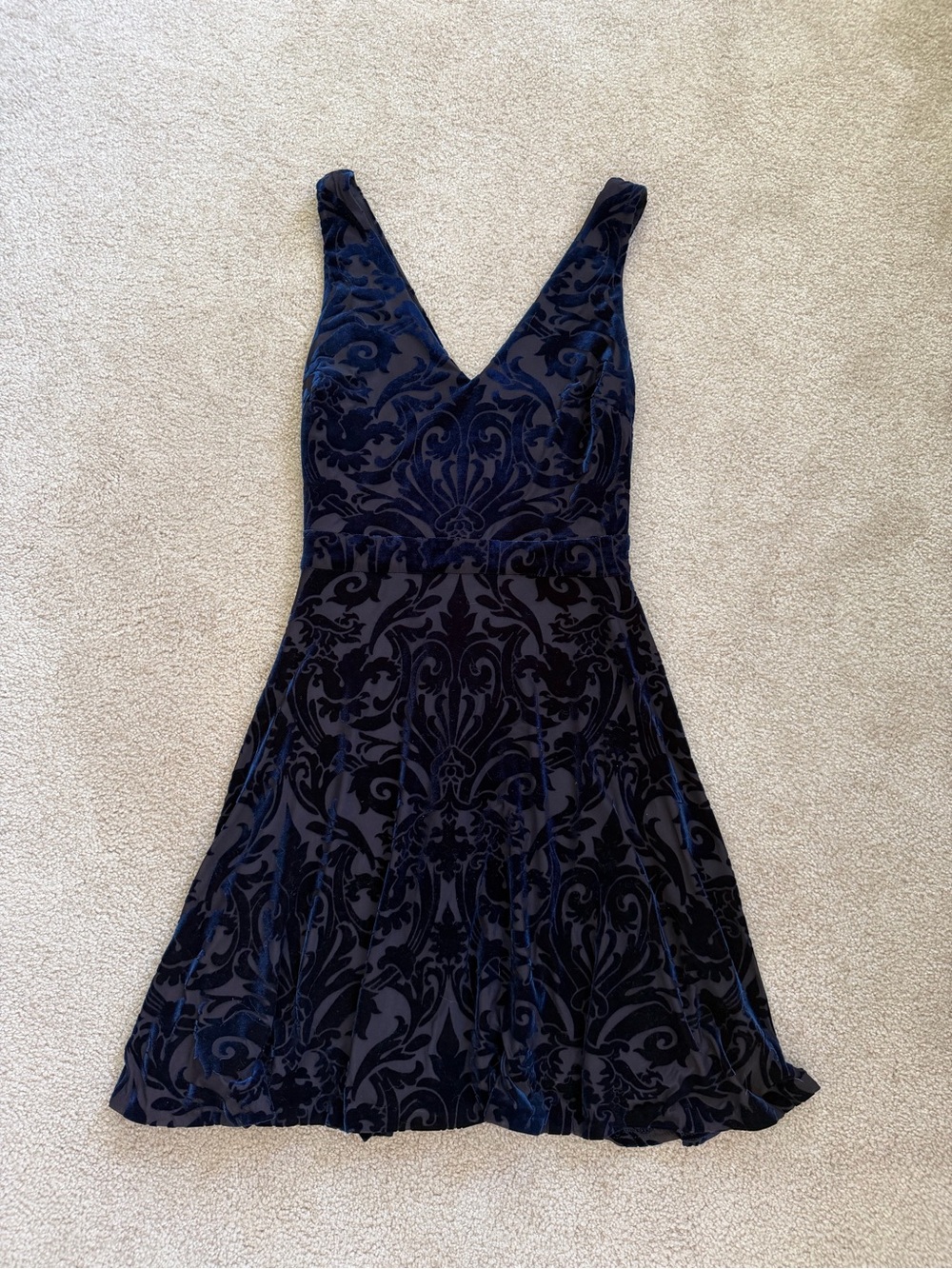 Aqua Navy Velvet Burnout V-Neck Fit & Flare Dress